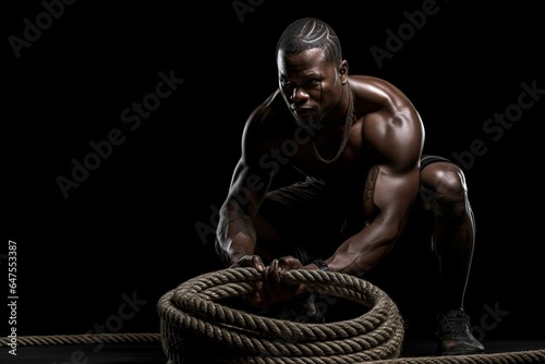 Muscular man working out with heavy ropes in gym