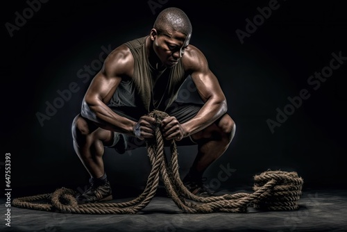 Muscular man working out with heavy ropes in gym