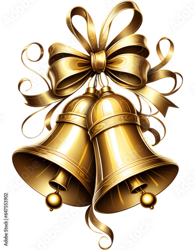 Golden bells and ribbons illustration isolated on white background photo