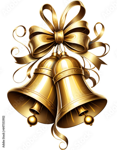 Golden bells and ribbons illustration isolated on white background