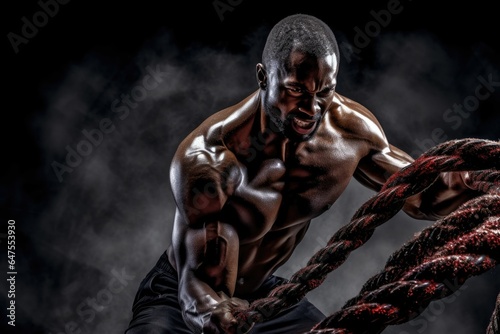 Portrait of strong young black man exercising with battle ropes during workout in modern gym, alone. © jambulart