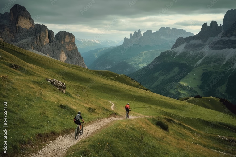 Mountain biker cyclist riding a bicycle downhill on a mountain bike trail