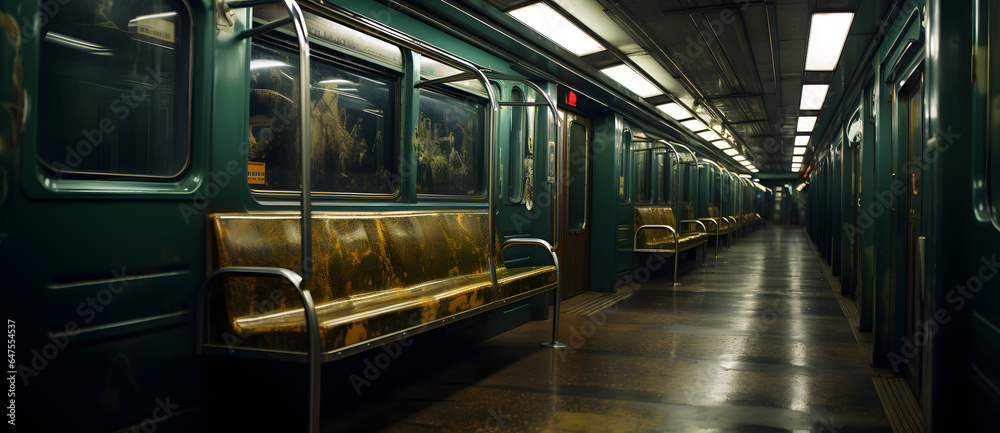 an empty train car at night with long benches