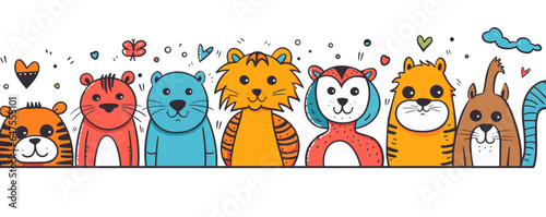 Cute wild animals set vector banner illustration for children. Adorable and happy tiger, beaver, mouse, leopard, cheetah, otter doodle collection, isolated art © Anastasiia