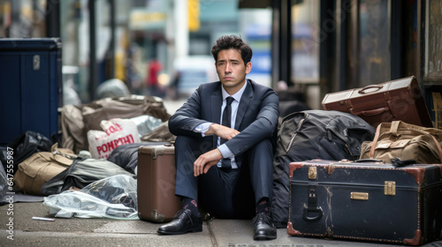 a poignant depiction of despair: a sorrowful individual seated on a sidewalk, surrounded by cardboard boxes and luggage, facing the aftermath of job loss. Ai Generated photo