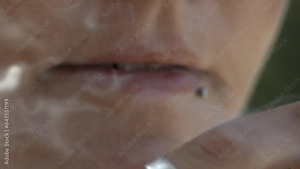 Close-up mouth smoking a cigarette captured in high-speed slow-motion 800fps with speed ramp Close-up mouth smoking a cigarette captured in high-speed slow-motion 800fps with speed ramp