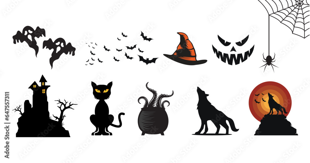 Fototapeta premium Set of halloween silhouette element vector illustration