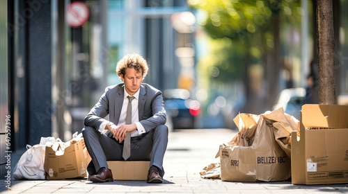 a poignant depiction of despair: a sorrowful individual seated on a sidewalk, surrounded by cardboard boxes and luggage, facing the aftermath of job loss. Ai Generated photo