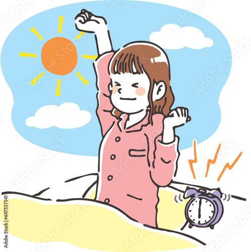 朝すっきり目覚める若い女性　バストアップ　布団