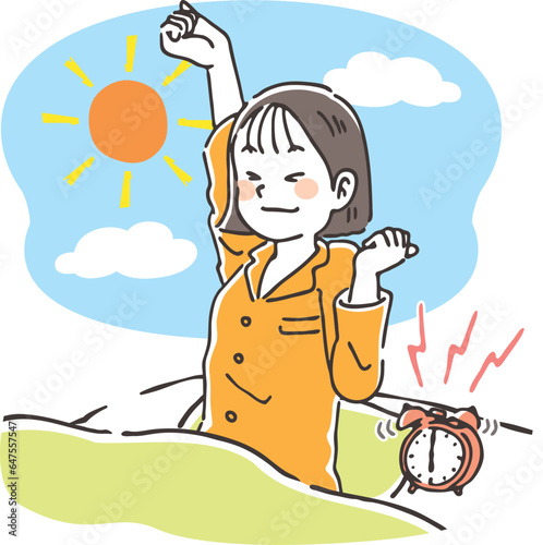 朝すっきり目覚める若い女性　バストアップ　布団