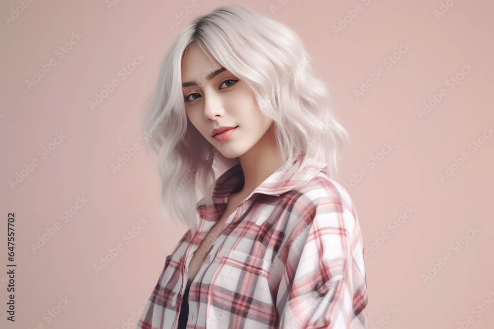 Nice suit with pattern of Scottish tartan plaid. Fashion girl wearing day and night dress plaid check pattern in grayish black, pink and sienna red. Generative AI. Nice suit with pattern of Scottish tartan plaid. Fashion girl wearing day and night dress plaid check pattern in grayish black, pink and sienna red. Generative AI.
