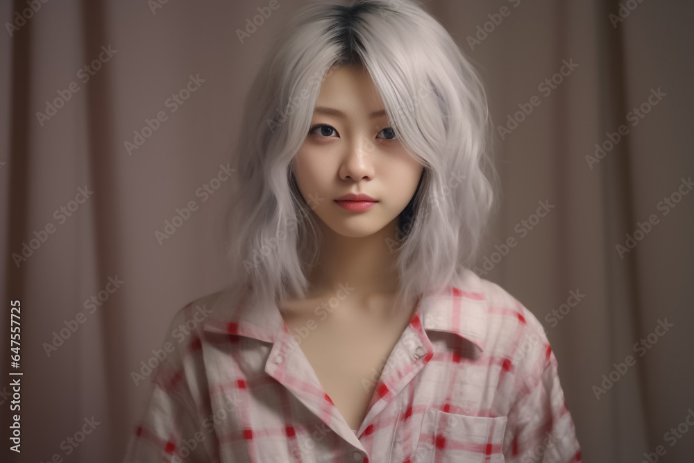 Nice suit with pattern of Scottish tartan plaid. Fashion girl wearing day and night dress plaid check pattern in grayish black, pink and sienna red. Generative AI. Nice suit with pattern of Scottish tartan plaid. Fashion girl wearing day and night dress plaid check pattern in grayish black, pink and sienna red. Generative AI.