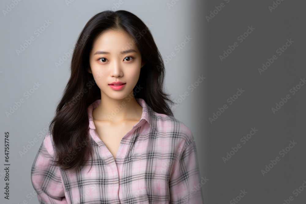 Nice suit with pattern of Scottish tartan plaid. Fashion girl wearing day and night dress plaid check pattern in grayish black, pink and sienna red. Generative AI. Nice suit with pattern of Scottish tartan plaid. Fashion girl wearing day and night dress plaid check pattern in grayish black, pink and sienna red. Generative AI.