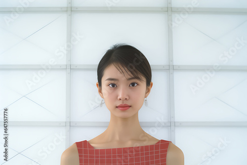 Nice suit with pattern of Scottish tartan plaid. Fashion girl wearing day and night dress plaid check pattern in grayish black, pink and sienna red. Generative AI.