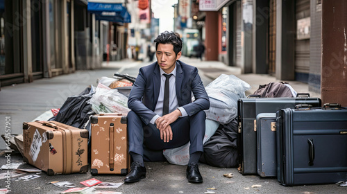 a poignant depiction of despair: a sorrowful individual seated on a sidewalk, surrounded by cardboard boxes and luggage, facing the aftermath of job loss. Ai Generated photo