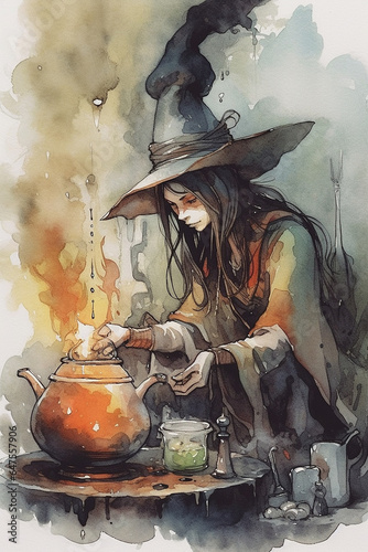 A witch preparing a magic potion in her kettle. Generative AI.
