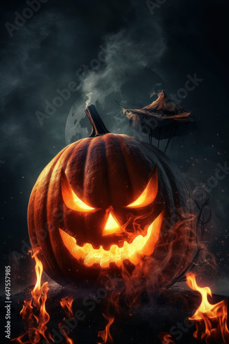 Illuminated and terrifying pumpkin for Halloween. Generative AI.