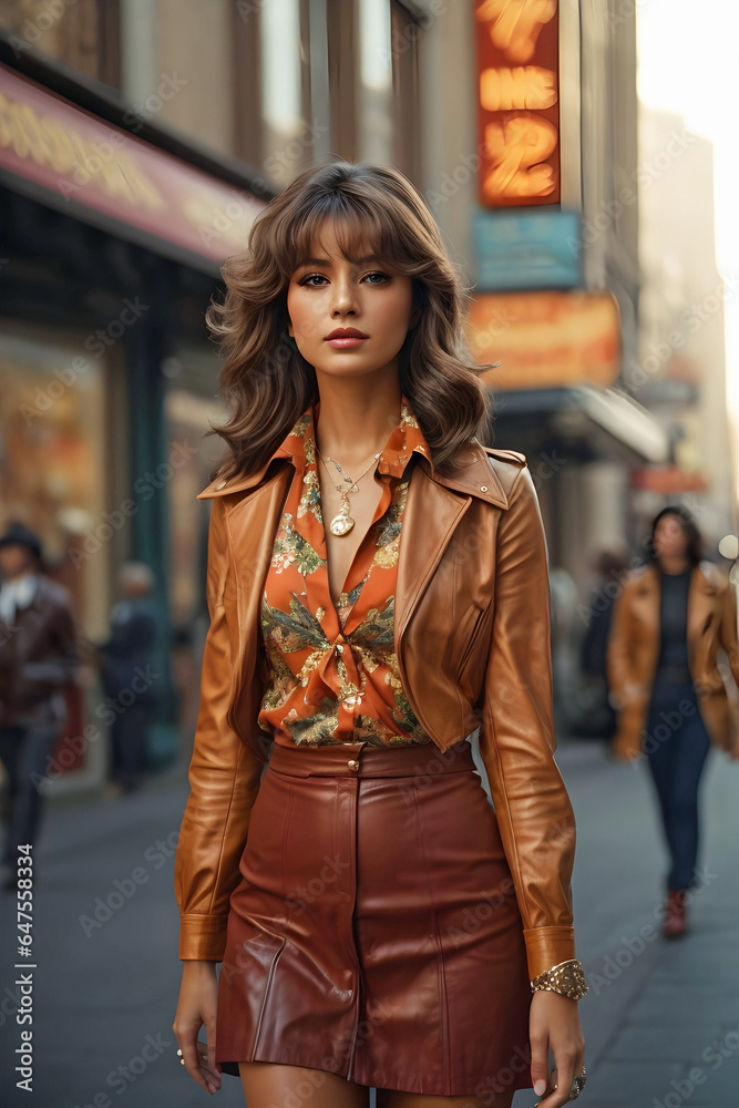 Striking Street Photograph of a Lovely Woman Wearing 1970s Era Leather Jacket and Skirt