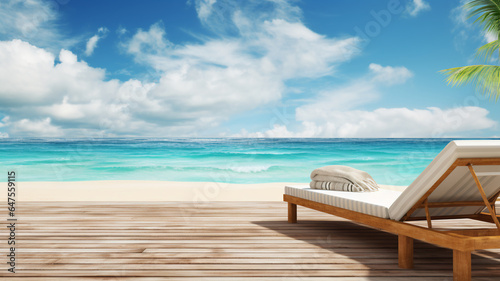 Beautiful summer beach coast landscape with empty wooden beach floor desk plank table with clouds in the sky  tropical weather.