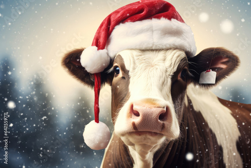 New Year animal concept, a pet during the Christmas winter holidays. The holidays are coming, a happy cow dressed as Santa brings gifts to good children.