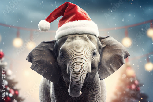 New Year animal concept, a pet during the Christmas winter holidays. The holidays are coming, a happy elephant dressed as Santa brings gifts to good children.