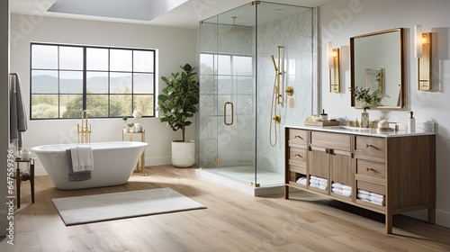Spacious bathroom with a freestanding tub and glass shower  featuring wooden cabinets and white tile.