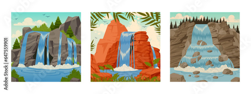 Waterfall posters. Cartoon mountain river waterfall landscapes. Streaming water cascade scenery flat vector illustration set