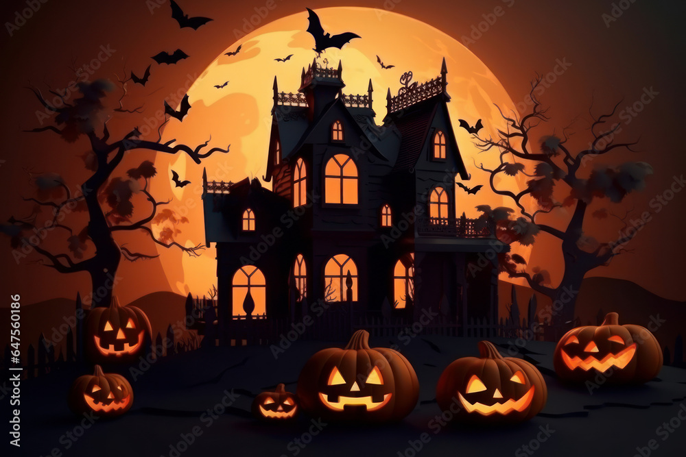 Cartoon horror house with halloween pumpkins. Generative AI.
