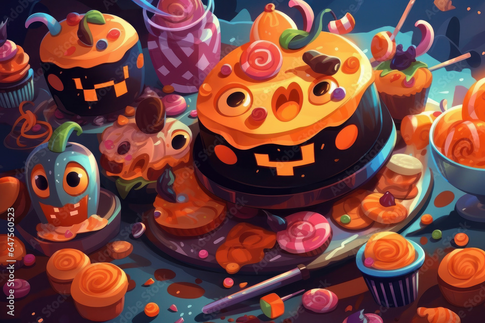 Cartoon halloween sweets and cakes. Generative AI.