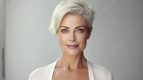 Portrait of confident beautiful mature woman. Older senior female, 50s grey haired lady professional looking at camera, close up face headshot portrait