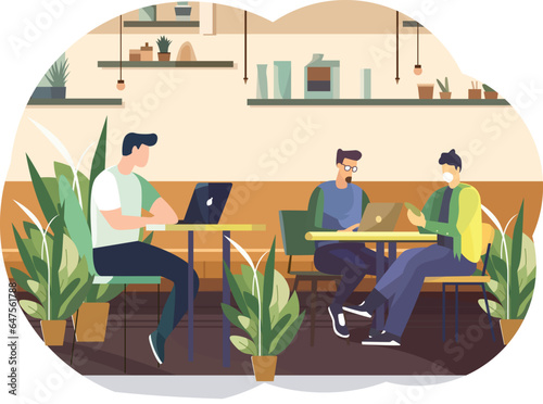 Vector illustration of office workers sitting at desks in flat design style