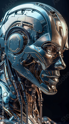 Cyborg face, rendered robot head close up, generative AI.