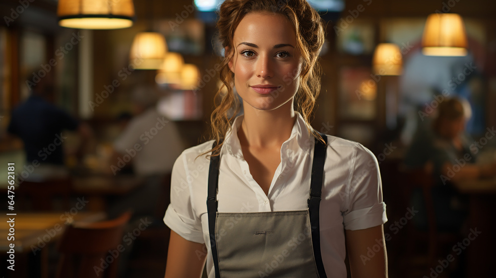 Half length portrait of young business woman waitress ready to attend new customers in opened coffee shop. Female owner of restaurant with smile standing near cafe door entrance - obrazy, fototapety, plakaty 