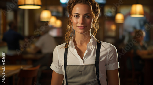 Half length portrait of young business woman waitress ready to attend new customers in opened coffee shop. Female owner of restaurant with smile standing near cafe door entrance