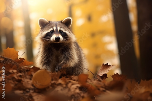 Cute Raccoon in the autumn forest with autumn leaves.Created with Generative AI technology.