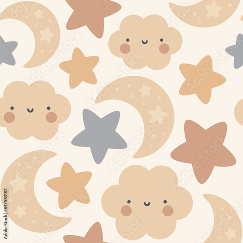 Moon, Sun, Cloud and Stars Cute Seamless Pattern, Cartoon Vector Illustration, Cute Kawaii Cartoon Drawn Background, Isolated Background