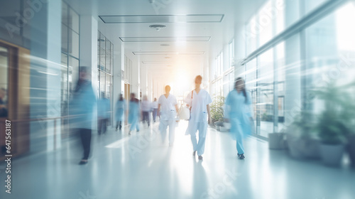 Blurred image of Hospital Lobby. Doctors, Nurses, Assistant Personnel and Patients Working and Walking in the Lobby of the Medical Facility photo