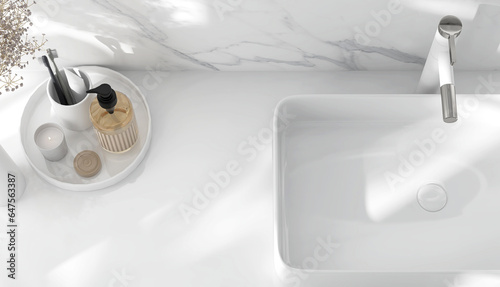 Vanity counter with white countertop, modern rectangle washbasin, toothbrush, soap dispenser in ceramic tray in marble wall bathroom. Luxury beauty, cosmetic, skincare, body care product background 3D