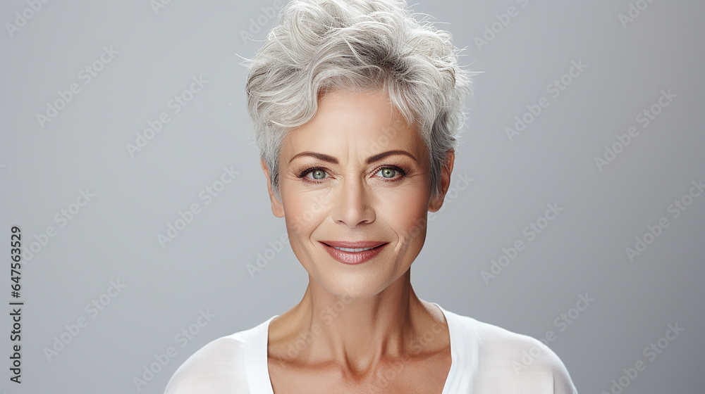 Portrait of confident beautiful mature woman. Older senior female, 60s grey haired lady professional looking at camera, close up face headshot portrait