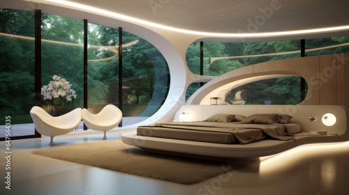 Futuristic bedroom, outside a garden