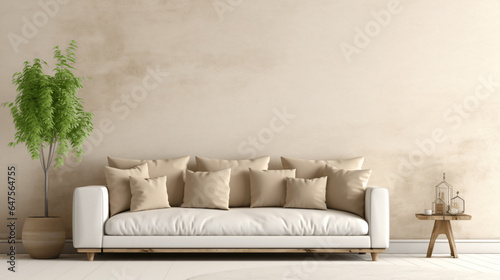 Rustic interior design of modern living room with beige fabric sofa and cushions. White wall with frame and space for text 