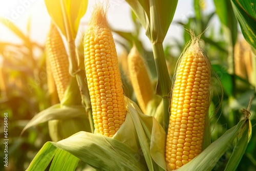 Closeup corn cobs in corn plantation field.