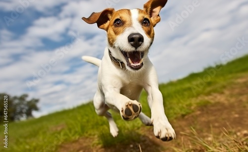 Jack Russel Parson Dog Run Toward The Camera Low Angle High Speed Shot.