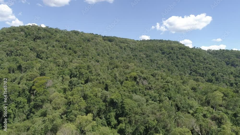 Advancing over a tree-covered mountain in South America, capturing the lush wilderness and rugged beauty of this natural wonder. Advancing over a tree-covered mountain in South America, capturing the lush wilderness and rugged beauty of this natural wonder.