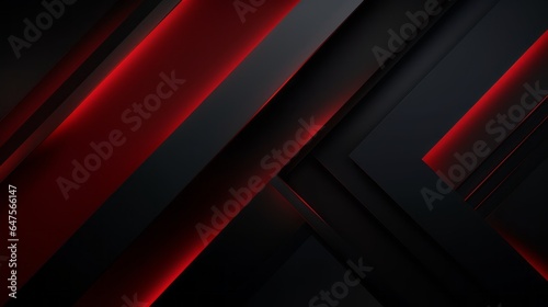 Corporate modern dark black and red abstract background. Color gradient. Geometric shape. Lines, stripes at different angles. 3d effect. Futuristic. Web banner. Wide. Panoramic design. Generative AI