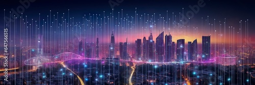 Smart city and abstract dot points connect with gradient lines and aesthetic Intricate wave line design, big data connection technology concept.