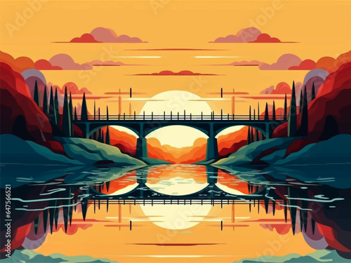 Flat design bridge landscape with sunset and river nature vector illustration