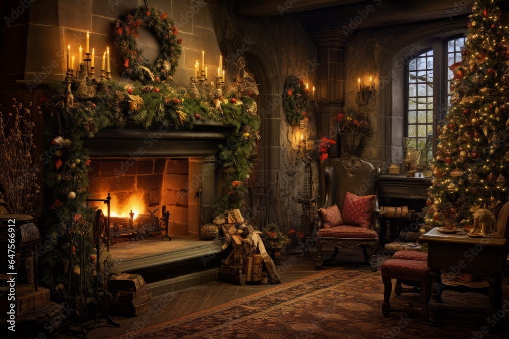 A cozy living room with a Christmas tree, presents, and a crackling fire in the fireplace