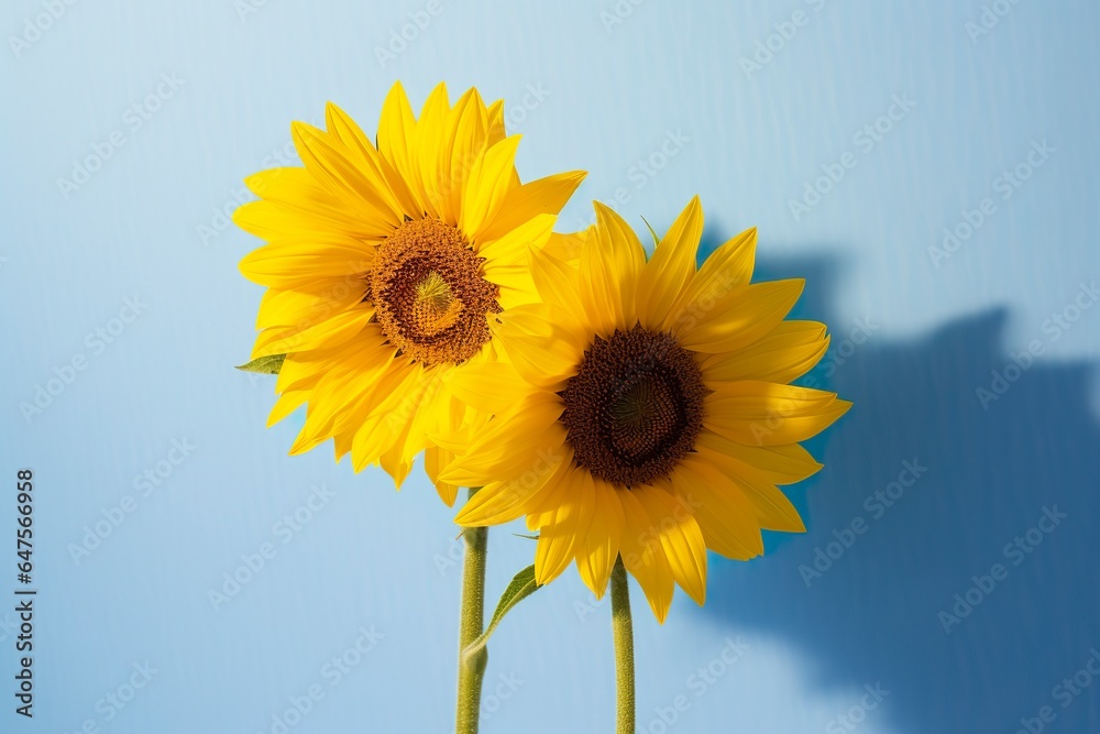 Two sunflowers in the sunny ambience. Light blue background with shadow. Two sunflowers in the sunny ambience. Light blue background with shadow.