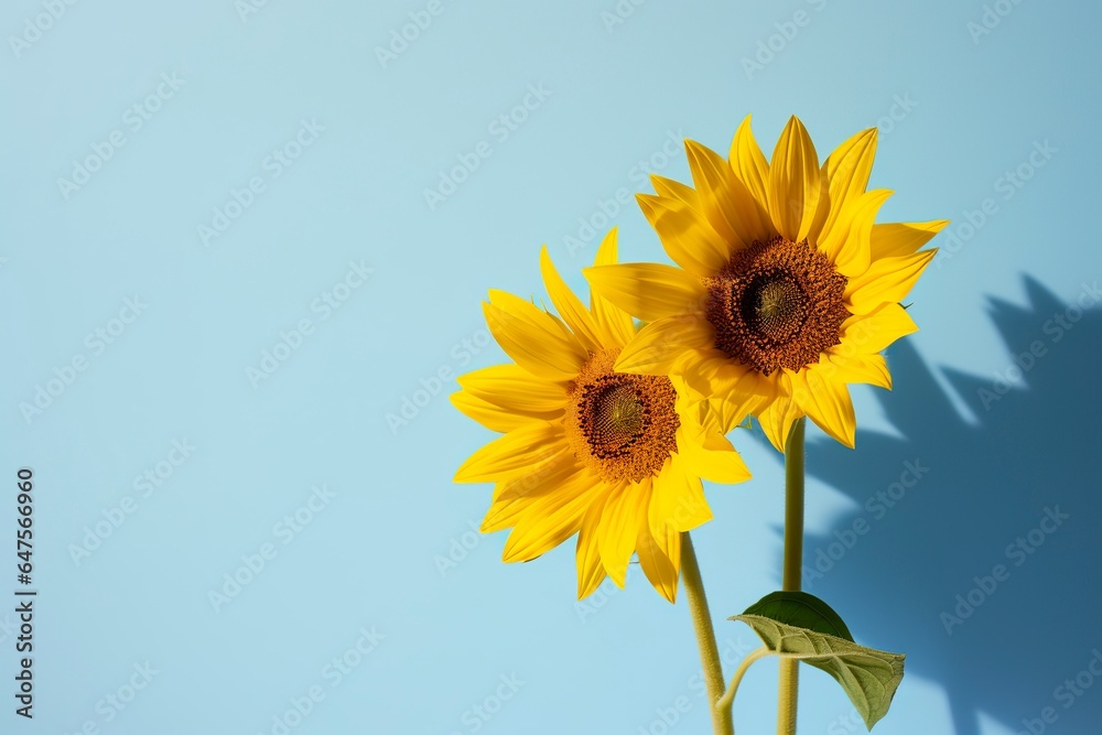 Two sunflowers in the sunny ambience. Light blue background with shadow. Two sunflowers in the sunny ambience. Light blue background with shadow.